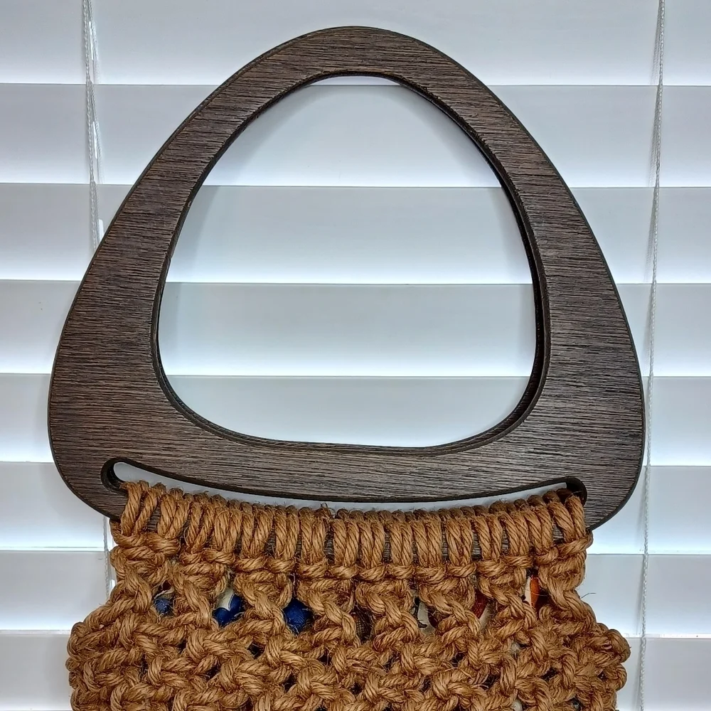 Vintage Boho Macrame Beaded Natural Wood Handbag